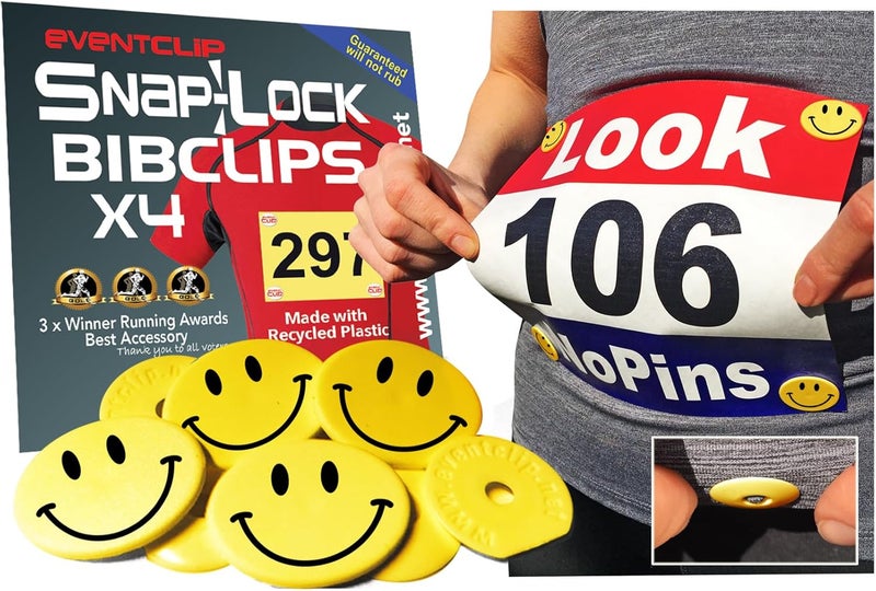 EventClip Race BibClips Smiley FACE x 4 Snap-Lock for Securing Running and Cycling Numbers. Made with Recycled Plastic (EventClips The Original & The Best Est 2012) Distributors Wanted - Image 1